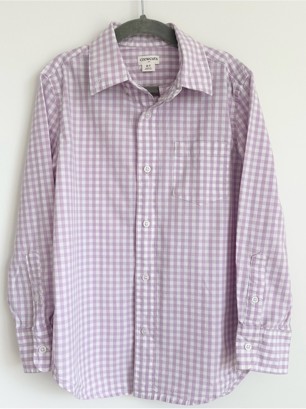 Like New! J.CREW Crewcuts Boys Lavender Gingham Button Down Shirt Size 6-7 Yrs